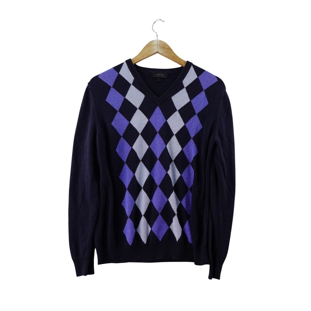Mens Express Silk Cashmere Blend Argyle V Neck Sweater Mens M Grandpa Preppy